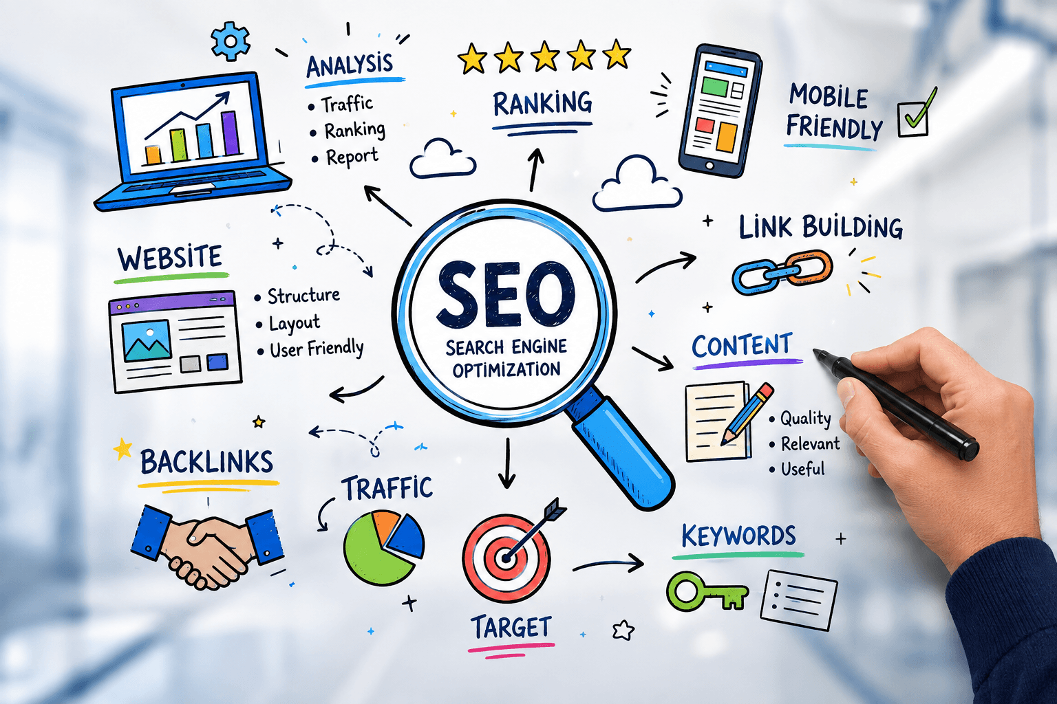 SEO strategy illustration showing keywords, content, backlinks, traffic, and search rankings