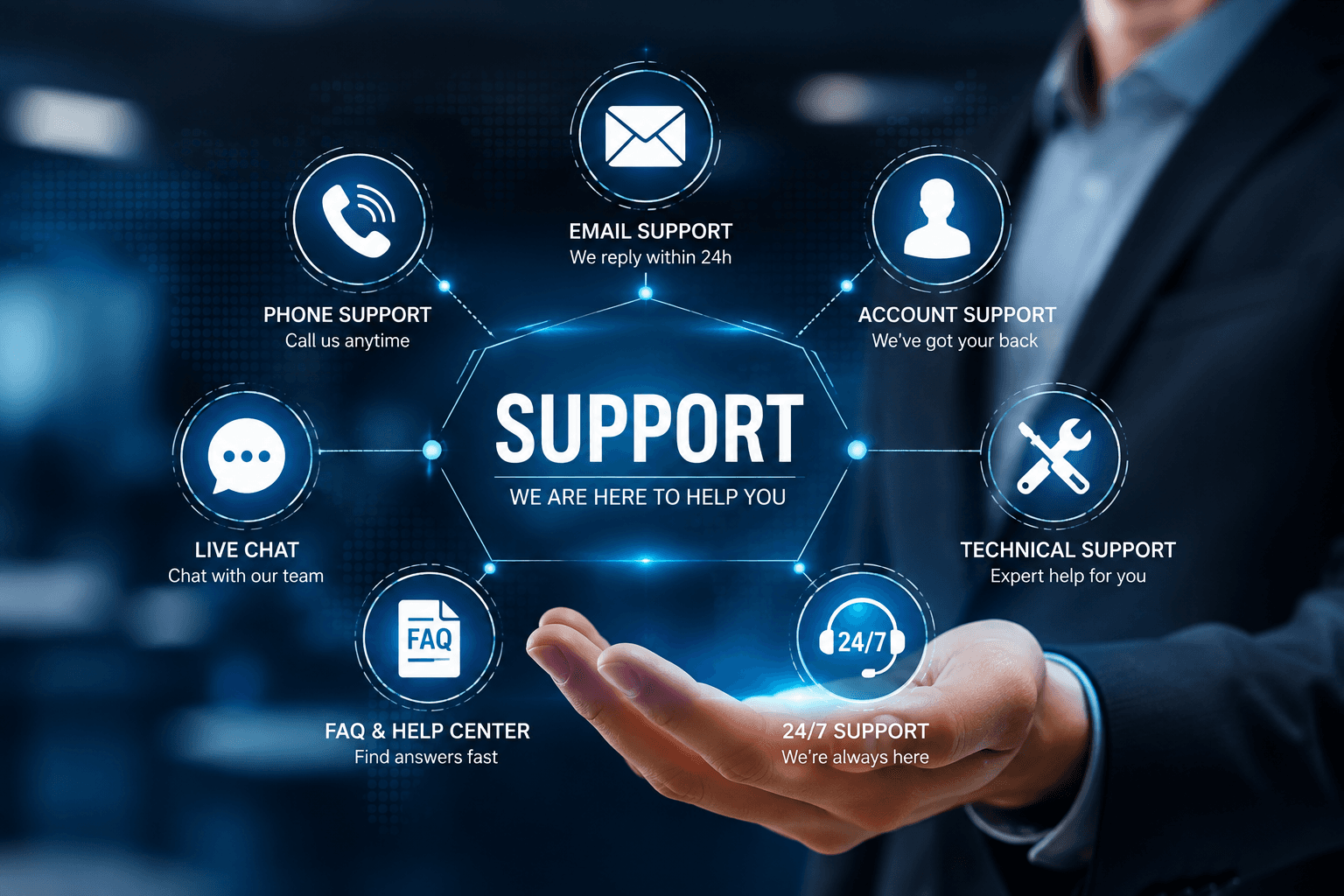 Customer support illustration showing phone, email, live chat, and technical assistance