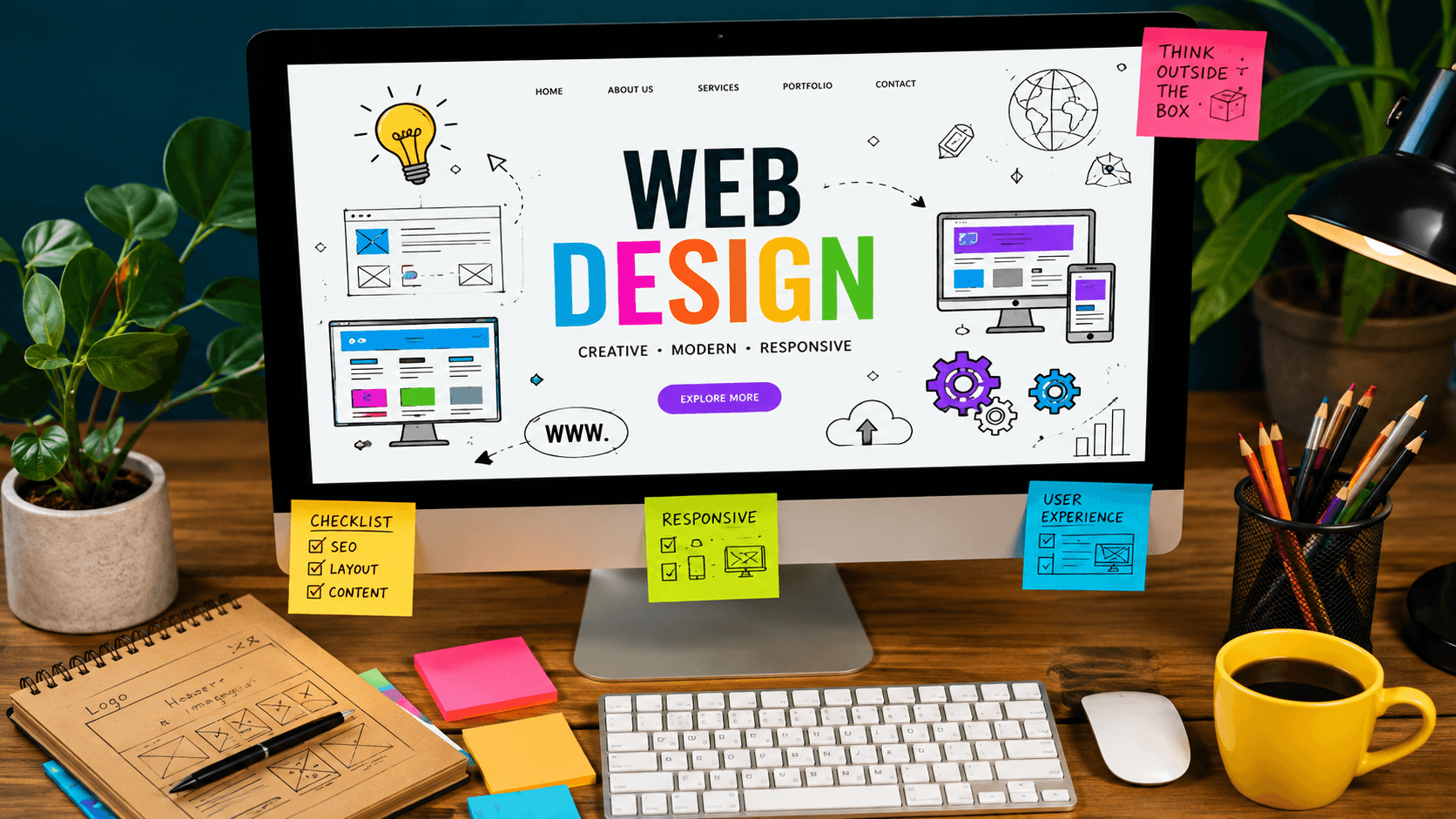 Modern web design workspace showing a responsive website interface