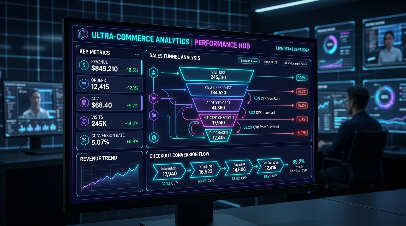 High-converting e-commerce dashboard displaying checkout funnel analytics and sales metrics