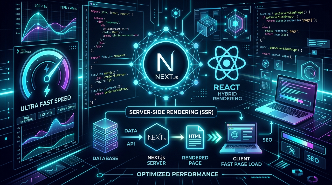 Next.js hybrid server-side rendering architecture diagram showcasing ultra-fast page speeds and SEO performance metrics
