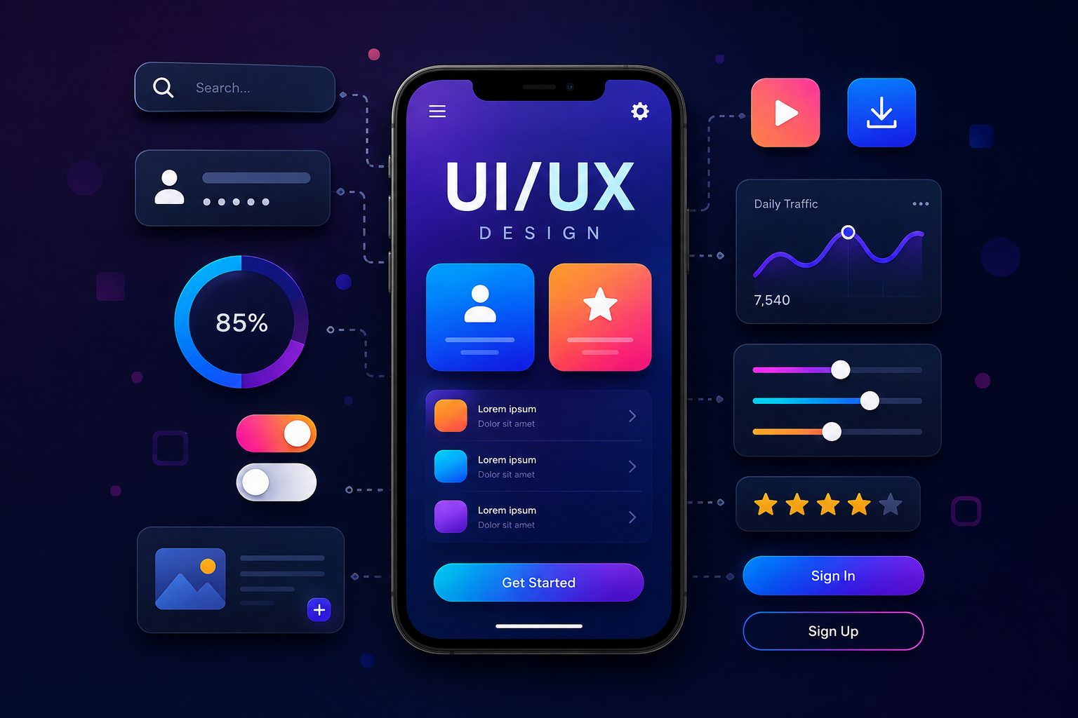 Modern UI UX design interface showcase displaying wireframes, design system components, and mobile design app prototype
