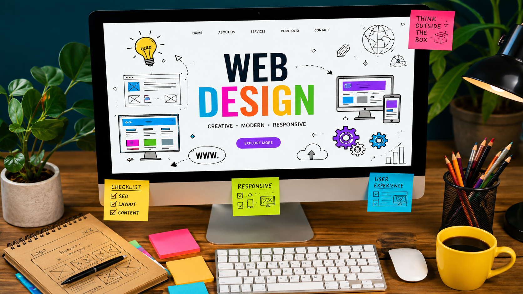 Modern custom website design workspace displaying a responsive web interface across desktop and mobile screens